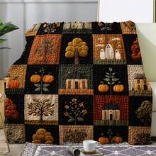 Sdoo Vintage Autumn Harvest Patchwork Flannel Blanket, Soft Warm Plush Throw With Pumpkin Ghost House Tree Print, Halloween Thanksgiving Festive Quilt For Couch Bed Camping Travel - Black - View 1