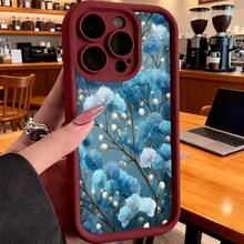 Cubierta de teléfono con borde negro y diseño floral azul claro para iPhone 14 Pro Max protector de pantalla con flores y ramas estilizadas ideal para uso diario en oficina o hogar - Café integral - Ver 5