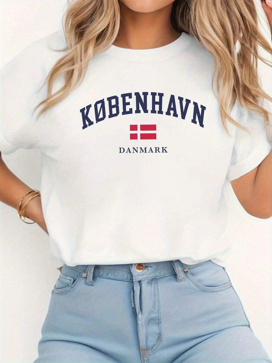 Men&Women's White & Blue Copenhagen Denmark T-Shirt - Crew Neck Short Sleeve Top With Nordic Flag Colors, Lightweight Everyday Danish Capital City Tee For Travel Souvenirs & Scandinavian Style Outfits, Casual Wear, Urban Fashion, Soft Material, Souvenir Shirt, Travel Enthusiasts - 白色 - 查看 1