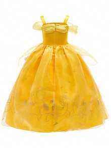 5pcs/Set Girls Yellow Sleeveless Bow Floral Tutu Dress, Gloves, Crown, Magic Wand Costume Set, Children Christmas Outfit, Cosplay Festival Party Suit - Yellow - View 4