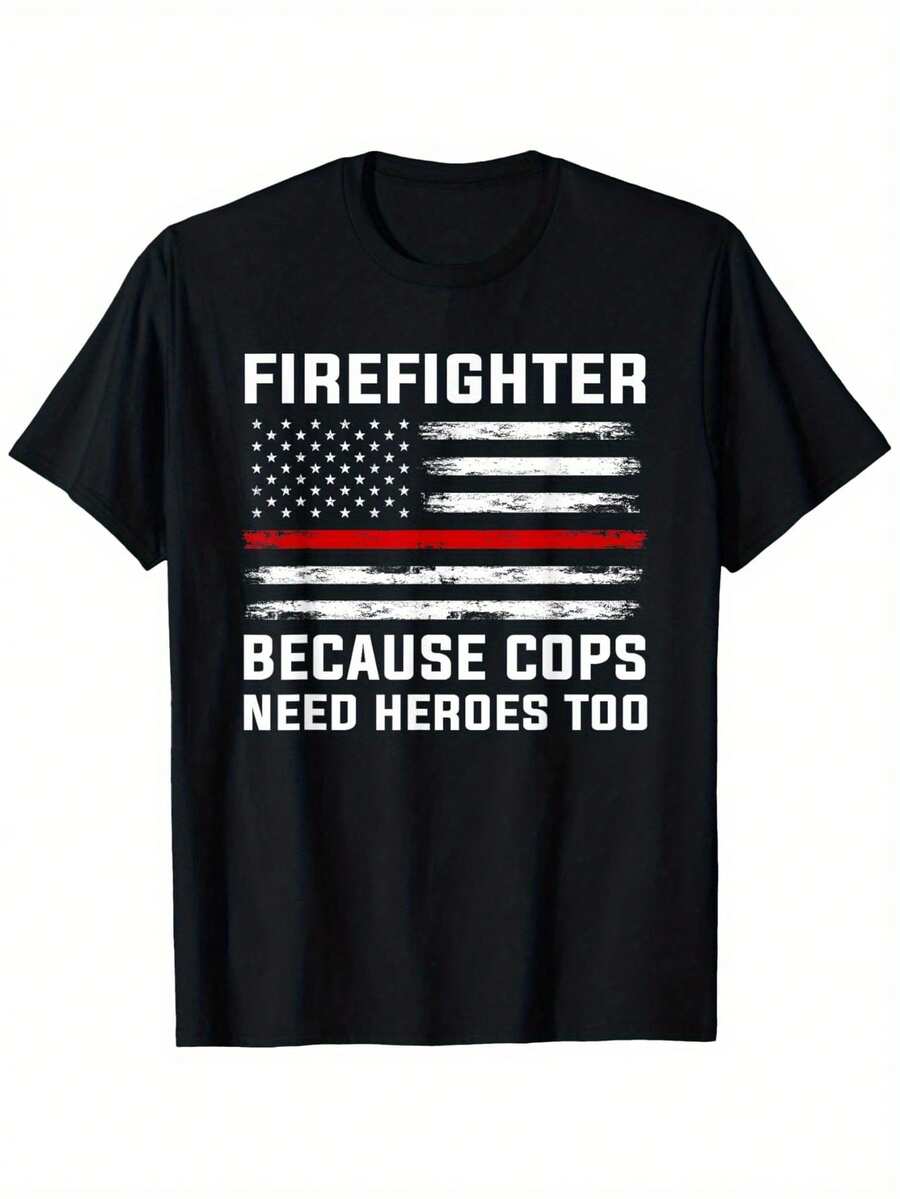 Camiseta con Estampado "Héroes Bomberos", Camiseta de Algodón Casual y Cómoda, Tallas S-XXXL, Regalos para Bomberos, Policía, Estilo Holgado - Negro - Ver 1