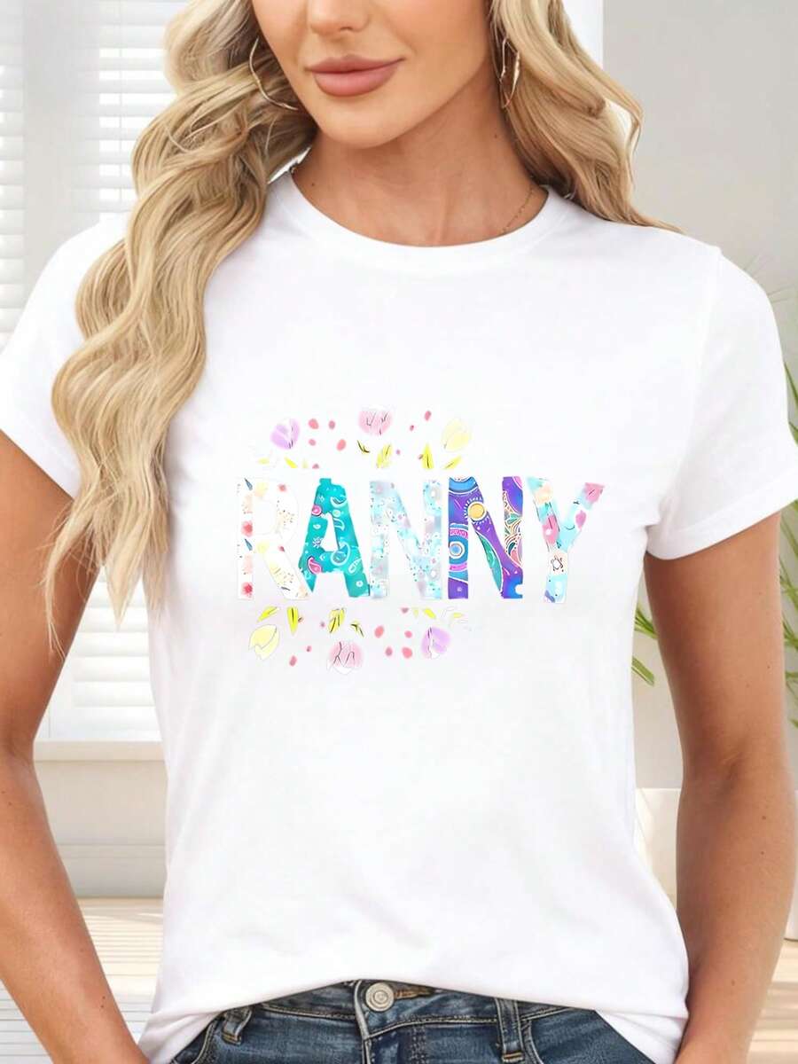 Camiseta de con Estampado Floral y Letras RANNY para Ocasiones Casuales y Festivas - Blanco - Ver 1