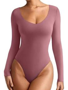 V Neck Long Sleeve Bodysuit - Comfy Double Lined Basic Top - Masala - View 11