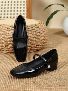 Bombas de Mary Jane blancas con tacón de 3 cm cubierto de tela, versátiles y adecuadas para todas las estaciones - Negro - Ver 5