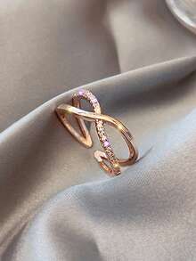 Nooxian 1pc Rose Gold Plated Double Layer Criss-Cross Cubic Zirconia Adjustable Copper Ring For Women - Rose Gold - View 10