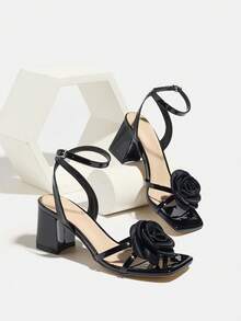 Dép xăng đan nữ, thích hợp cho các bữa tiệc, ngoài trời, du lịch, nghỉ dưỡng, có gót dày, mũi vuông, họa tiết hoa hồng đen 3D sáng bóng, quai đeo mắt cá chân gợi cảm, chất liệu bề mặt gương mềm mại và thân thiện với da cao cấp, dép xăng đan cao cấp màu đen bí ẩn cổ điển thanh lịch - màu đen - Xem 7