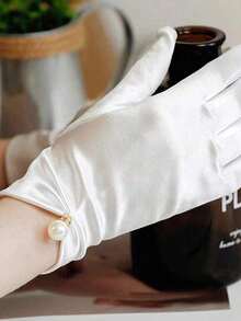 1pair White Short Satin & Faux Pearl Solid Color Gloves Suitable For Wedding, Party, Driving And Daily Use Autumn Accessories - trắng - Xem 2