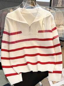 女士拉链条纹高领毛衣，时尚简约设计，适合秋冬季节，长袖休闲上衣 - 紅白色 - 查看 3