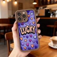 Cubierta de telefono con borde negro y diseño colorido para iPhone 14 Pro Max en tono morado con corazones multicolores y texto LUCKY ideal para uso diario y estilos juveniles Aplicable a los teléfonos de la serie Apple y Galaxy - Café integral - Ver 7