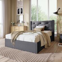 Hydraulic Single Upholstered Bed 90x200cm, Bed With Slatted Base Made Of Metal Frame, Modern Bed Frame With Storage Space, Cotton, Grey - Grey - View 10