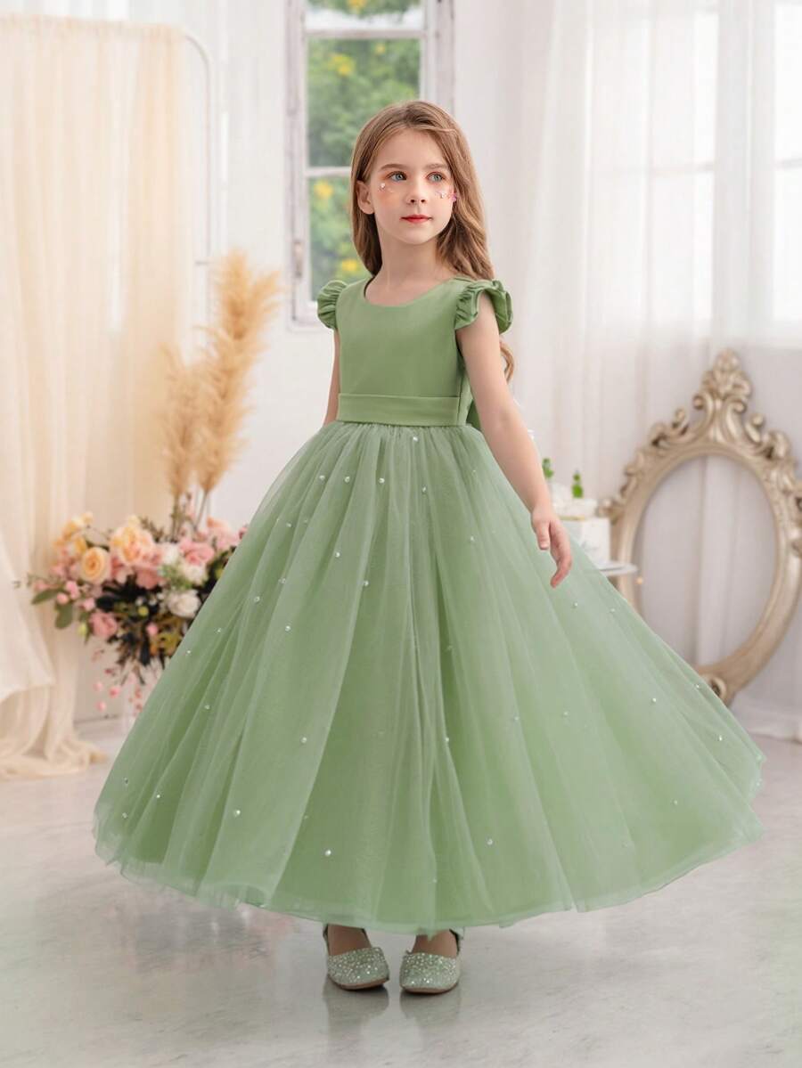 少女鼠尾草绿伴娘礼服，荷叶边蝴蝶结装饰，情人节派对礼服 - 网纱公主裙。适合生日派对、情人节礼物、化装舞会、花童派对、婚礼、学校演出、节日庆典、毕业典礼、感恩节礼服、圣诞节服装。 - 薄荷綠 - 查看 1