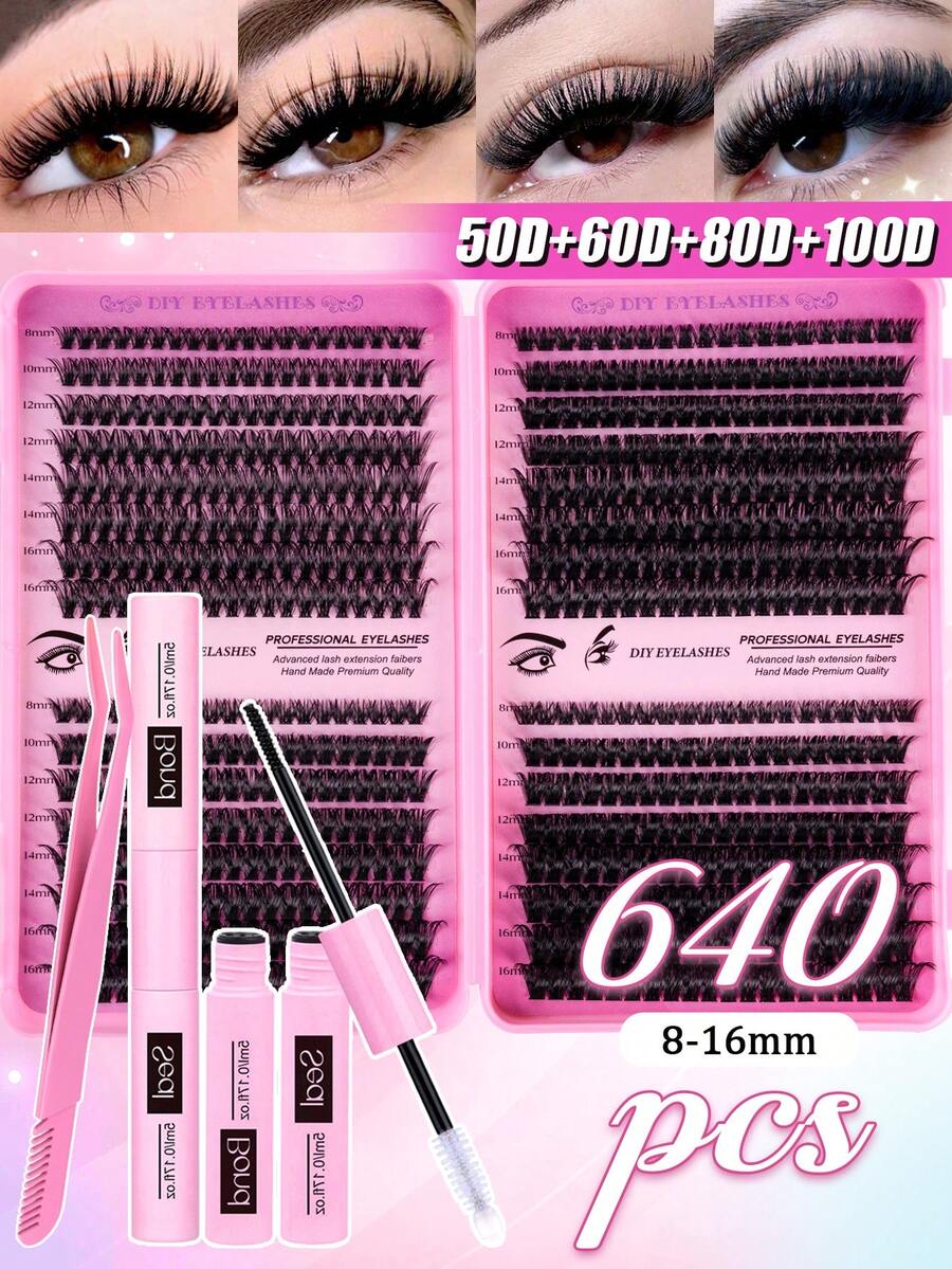 640/608 睫毛嫁接套装,DIY睫毛嫁接套装(8-16mm),单根睫毛簇套装,D型卷翘睫毛嫁接套装,包含胶水、封口胶带和睫毛嫁接工具,睫毛套装,睫毛簇,睫毛膏,黑色人造睫毛(10D+20D+30D+40D+50D+60D+80D+100D+120D),适合日常使用、派对、旅行或作为礼物送给家人和朋友。 - 黑色 - 查看 1
