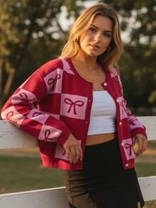 Women Valentine Cardigan Heart/Bow Crewneck Long Sleeve Button-Up Knitted Sweater For Winter Fall Spring - Red - View 5
