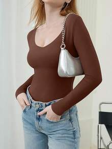 V Neck Long Sleeve Bodysuit - Comfy Double Lined Basic Top - Brown - View 9