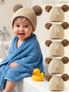 1顶A-Z字母针织新生儿帽，儿童针织帽，双层加厚婴儿针织帽，男女宝宝通用，弹性帽带，适合0-3岁幼儿，生日礼物，适合冬季和春季，冬季保暖，双绒球可爱儿童针织帽