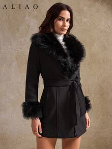 Veste d'hiver Aliao en fausse fourrure avec col en patchwork de fourrure, style rétro de palais élégant avec ceinture à la taille pour femmes. Convient pour les galas du soir, les mariages et le port quotidien en hiver - Noir - Voir 4