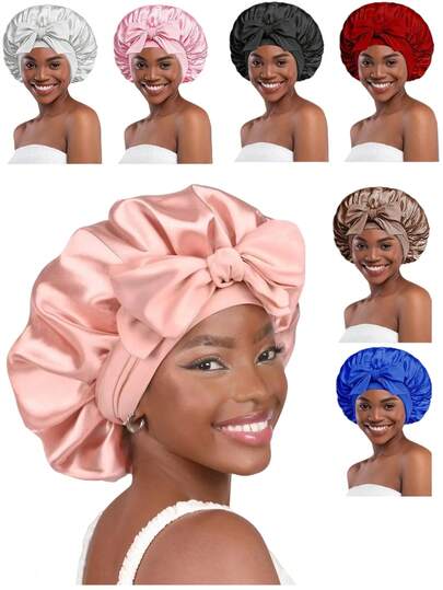 2件装可调节缎面丝绸睡帽，带系带和蝴蝶结 - 双层双色缎面帽，男女通用睡眠睡帽，秋季返校家居浴室装饰