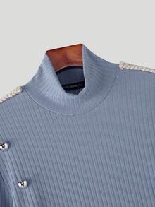 INCERUN Fashion Mens High Neck Long Sleeve Buttons Casual Pullover Shirt Rib Knit Tops - Blue - View 8