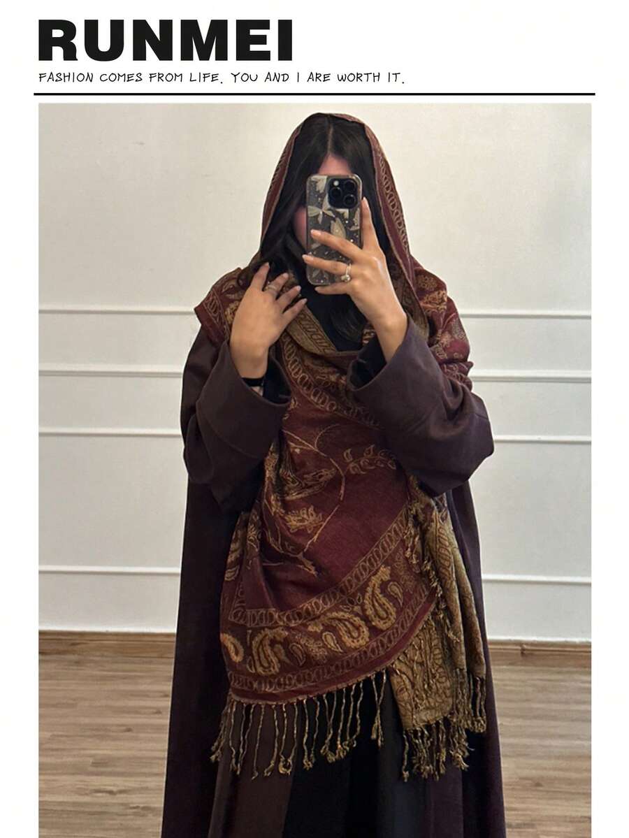 1件装女士时尚保暖腰果图案印花围巾，经典佩斯利花纹头巾/披肩，适合搭配长袍、沙滩装、假日装。