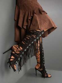 Women's Knee High Stiletto Boots With Gemstone Straps & Fringe Detail | Peep Toe Lace Up Heel Sandals For Fashion Bohemian - 黑色 - 查看 1