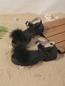 1 Paar Damen Plateau-Sandalen mit Fellbommel Dekor, Kunstleder, rutschfest, offene Zehenkeilabsätze, Y2K süßer & cooler Stil, geeignet für Strand, täglichen Weg zur Arbeit