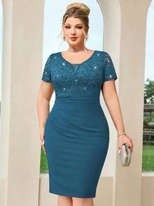 Plus Deep V-Neck Sequin Floral Lace Ruched Hem Bodycon Dress - Dusty Blue - View 4