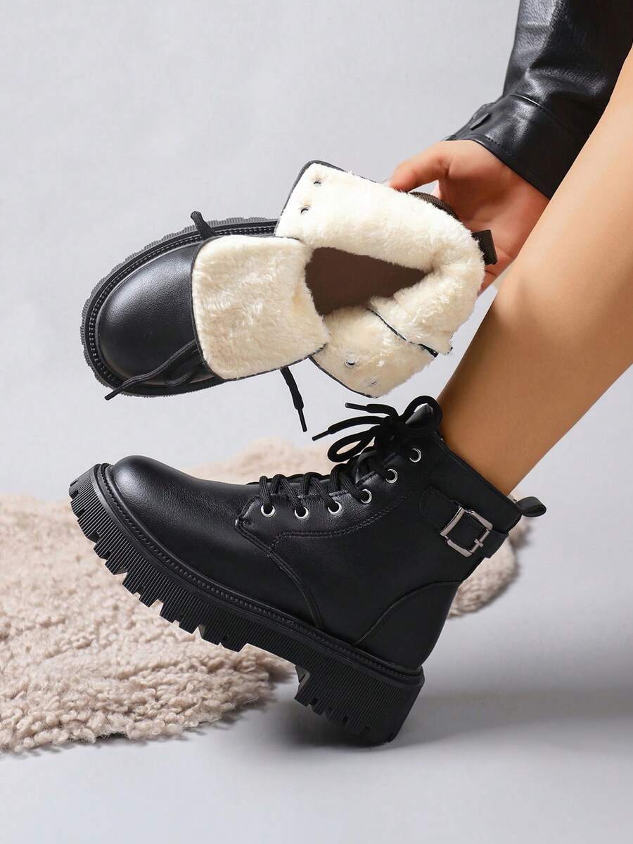 女士易穿脱保暖踝靴，冬季靴，带搭扣装饰和保暖内衬，侧拉链，厚底靴，黑色 - 黑色 - 查看 1