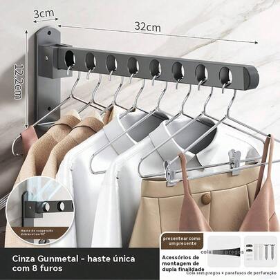 Suporte Dobrável De Parede Para Roupas Com 8 Furos Rebatível