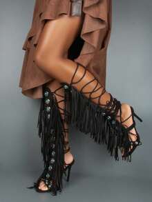 Women's Knee High Stiletto Boots With Gemstone Straps & Fringe Detail | Peep Toe Lace Up Heel Sandals For Fashion Bohemian - 黑色 - 查看 5