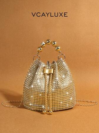 CHISIY Handmade High-End Rhinestone Embellished Elegant Gold, Silver, Rose Red PVC & Fabric Fashion Bucket Bag, Spacious Women's Commuter Tote, Versatile Minimalist Handbag, Suitable For Work, Shopping, Travel, Evening Party, Wedding, Autumn/Winter