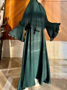 2pcs Simlar Robe Set, Chiffon Robe & Scarf, Bell Sleeve Robe & Headscarf, Long Women Dress - Dark Green - View 3