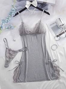 Women Sexy Teddy Lingerie Cute Babydoll Contrast Lace Split Side Sleepwear Nighties Chemise Nightgowns - 灰色 - 查看 1