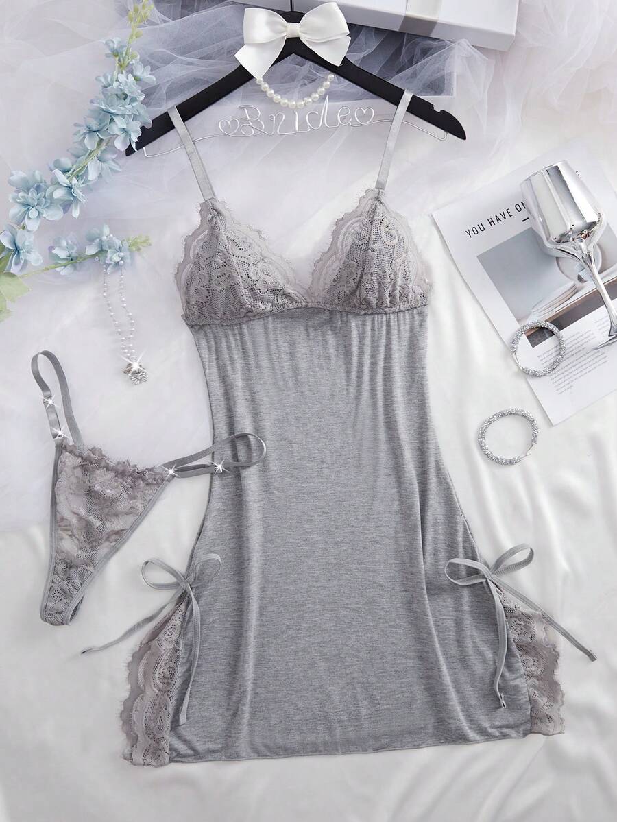Women Sexy Teddy Lingerie Cute Babydoll Contrast Lace Split Side Sleepwear Nighties Chemise Nightgowns - 灰色 - 查看 1