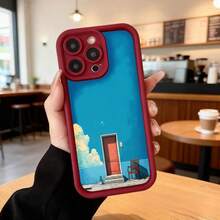 Cubierta de teléfono con borde negro y diseño azul con puerta roja y silla en escena costera para uso diario en cafeterías Aplicable a los teléfonos de la serie Apple y Galaxy - Burdeos - Ver 2