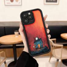 Cubierta de teléfono con borde negro y diseño de casa encantada en cielo rojo para iPhone 14 Pro Max funda protectora con estética gótica ideal para amantes del arte oscuro y escenarios de café Aplicable a los teléfonos de la serie Apple y Galaxy - Café integral - Ver 3