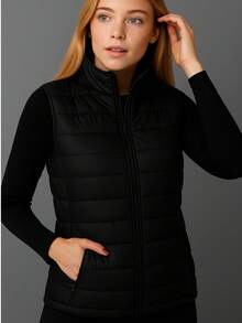 Jaqueta Colete Puffer Unissex Acolchoado Bobojaco Inverno Estilo Bomber Leve Corta Vento 2 Bolsos Fechamento em ziper  Simples    Casual    Zíper  Bolso    Férias - Preto - Visão 4