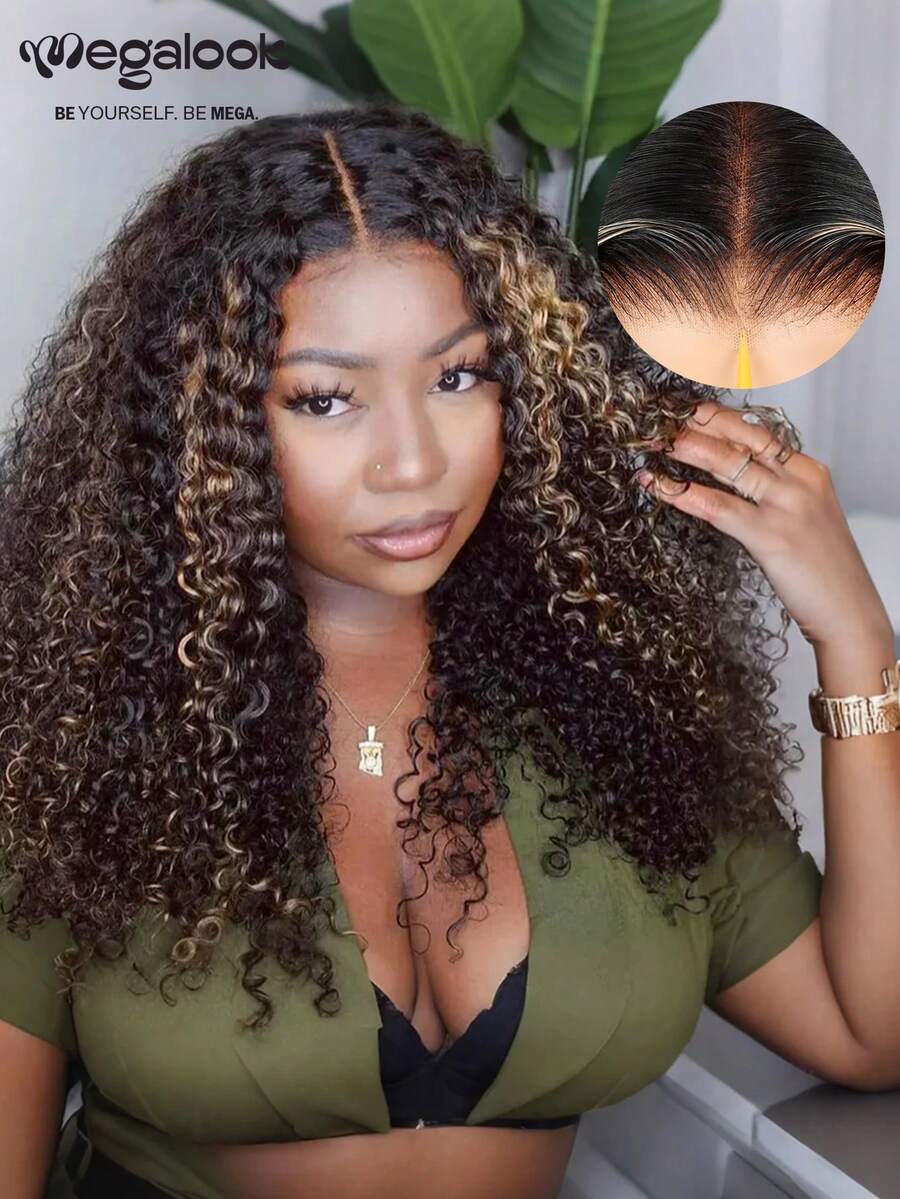 MEGALOOK باروكة شعر طبيعي 100% مع تسريحة لامعة وتجعيدات عميقة، خط شعر طبيعي، انخفاض تساقط الشعر، كثافة 180%، تسريحة مجعدة، شفافة الدانتيل، لون مختلف، مناسبة للمبتدئين، مقاس 6 * 5 بوصة - هايلايت والبيانو - مشاهدة 1