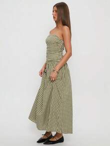 Women Tube Long Dress Ruched Boat Neck Backless Sleeveless Strapless Flowy Dresses - 綠色 - 查看 5