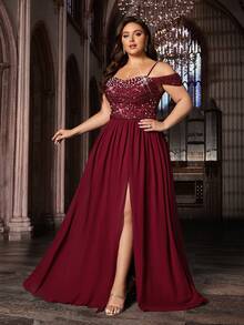 Plus Size Women Chiffon Formal Evening Gown, Sequin & Beaded Decor, Solid Color Spaghetti Strap Maxi Dress - Burgundy - View 4