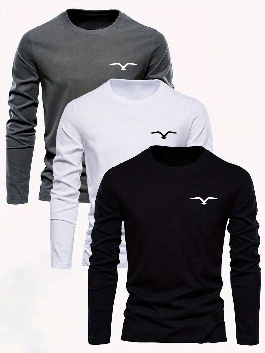 Set de 3 camisetas de manga larga con cuello redondo y estampado casual para niños, ropa de estudiante de otoño - Multicolor - Ver 1