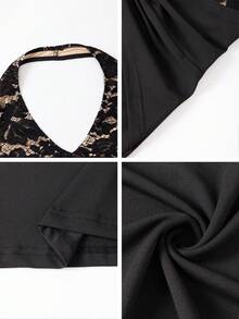 Robe d'automne pour femmes à bretelles fines, dos nu, patchwork de dentelle, volants et queue de poisson. Convient pour les rendez-vous, les fêtes et la rentrée scolaire - Noir - Voir 8