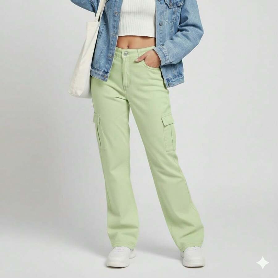 Youth Wide Leg Cargo Pants - Verde Lima - Ver 1