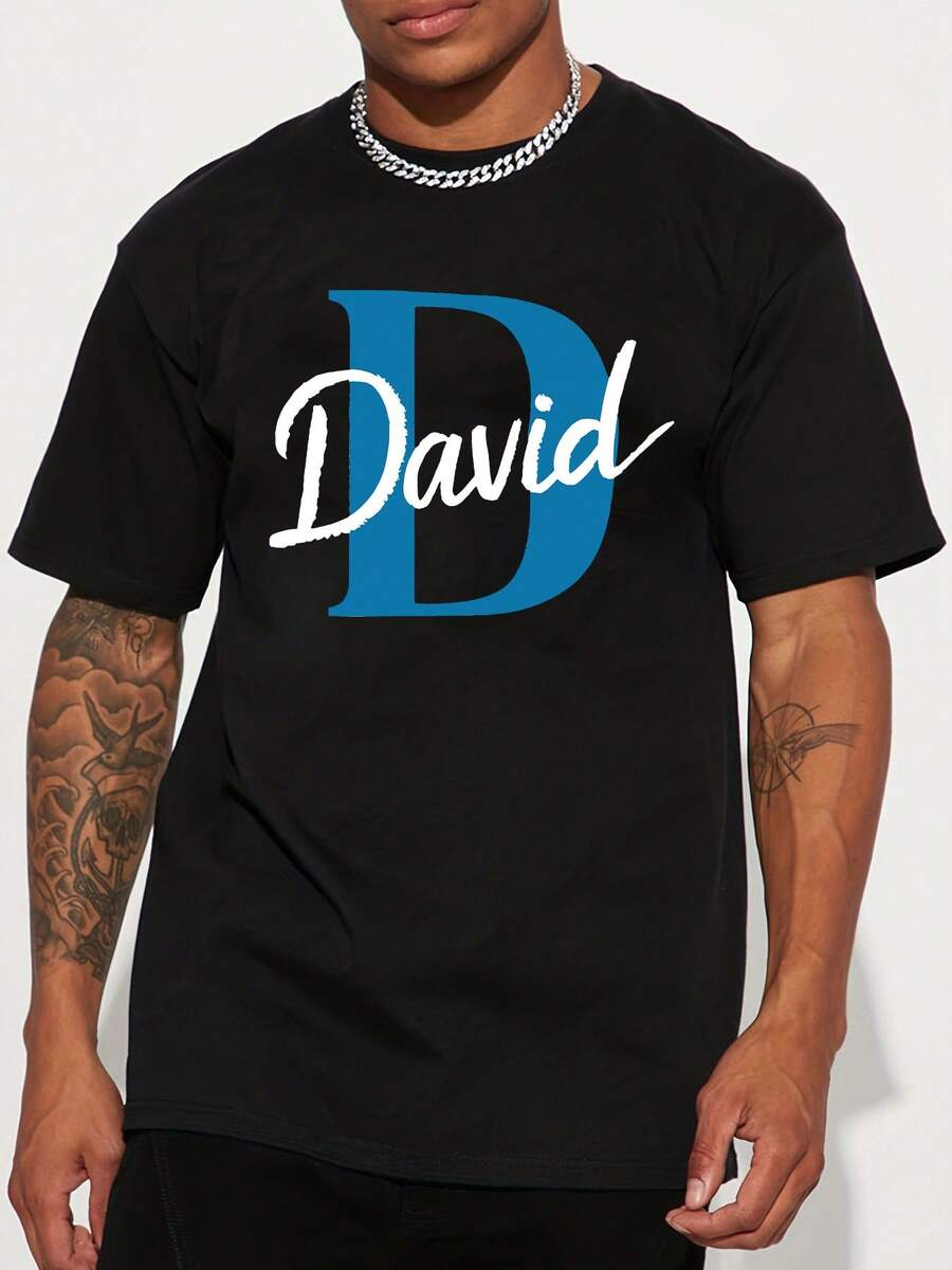 [Handwritten Print Tee] Lightweight Cotton Blend Men's Casual Crew Neck T-Shirt With "David" Handwritten Print |   Short Sleeve, Regular Fit, Ideal For Summer And Spring Outdoor Wear, Spring Casual Wear |   Handwritten Print Tee - 黑色 - 查看 1