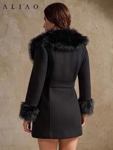 Veste d'hiver Aliao en fausse fourrure avec col en patchwork de fourrure, style rétro de palais élégant avec ceinture à la taille pour femmes. Convient pour les galas du soir, les mariages et le port quotidien en hiver - Noir - Voir 8