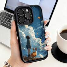 Cubierta de teléfono con borde negro diseño de cielo nubes niña y perro azul claro para uso diario y trabajo - Café integral - Ver 3