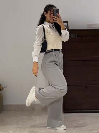 复古高腰宽松西装裤，修身垂坠，休闲通勤日常穿着，秋季款（不含腰带）