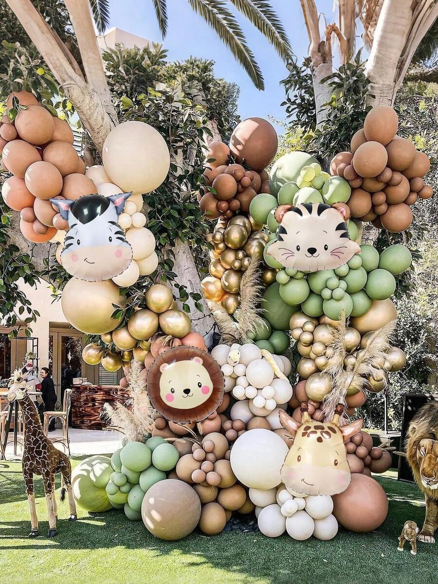 114pcs Jungle Wild Animal Party Decorations, Including Zebra, Tiger, Lion, Giraffe Foil Balloons, Green, Yellow, Skin-Tone, Khaki Latex Balloons, Suitable For Animal Theme Birthday Party Decor, Jungle Party Decor, Baby Shower Party, Wild Forest Animal Zoo Theme Party Atmosphere Photography Props, Indoor And Outdoor Photography Props - Multicolor - View 1