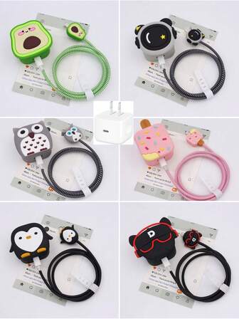 4-Pcs Compatible With Apple 40W Fast Charger: Case Cover & Coiled Cable Protector Kit Compatible With 40W Apple Chargers (Avocado/Penguin/Owl/Astronaut/Ice Cream/Glasses Dog Designs)