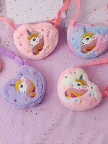 Kids Unicorn Heart Shaped Cartoon Plush Crossbody Bag, Girls Candy Storage Shoulder Bag For Kindergarten - Multicolor - View 7