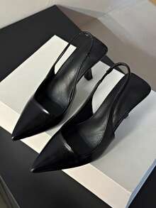 2025春夏新款银色尖头穆勒鞋，优雅法式露跟凉鞋，高跟鞋 - 黑色 - 查看 5